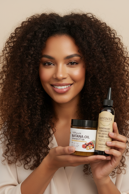 Femme métisse cheveux bouclés tenant les produits Divines