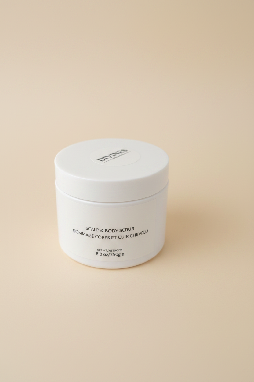 Scalp & Body Scrub sur fond beige clair